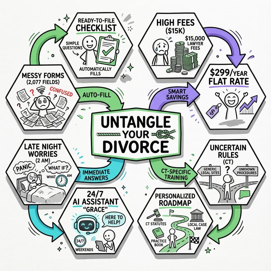 Untangle solves your divorce pain points: confusing forms, expensive lawyers, unanswered questions, and CT-specific guidance